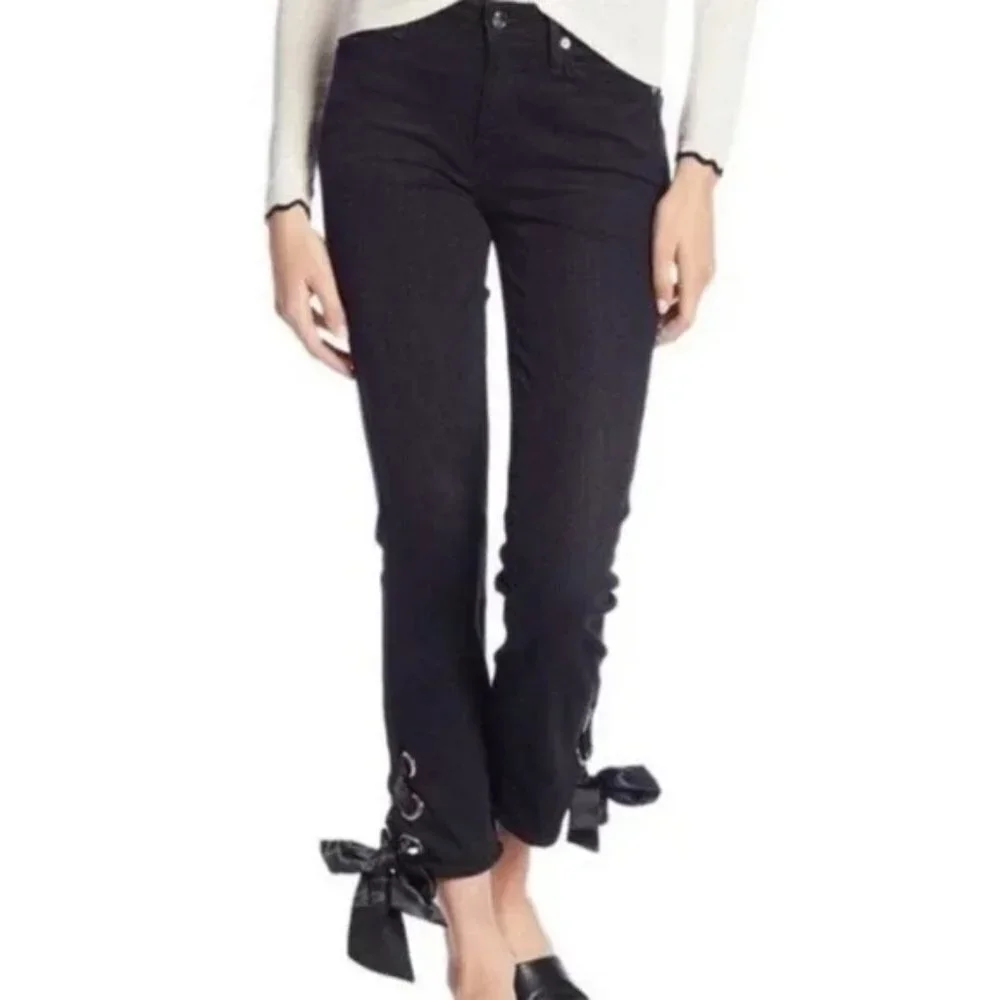 Good American Women’s High Rise Black Skinny Jeans Bow Details on Ankle sz 6/28